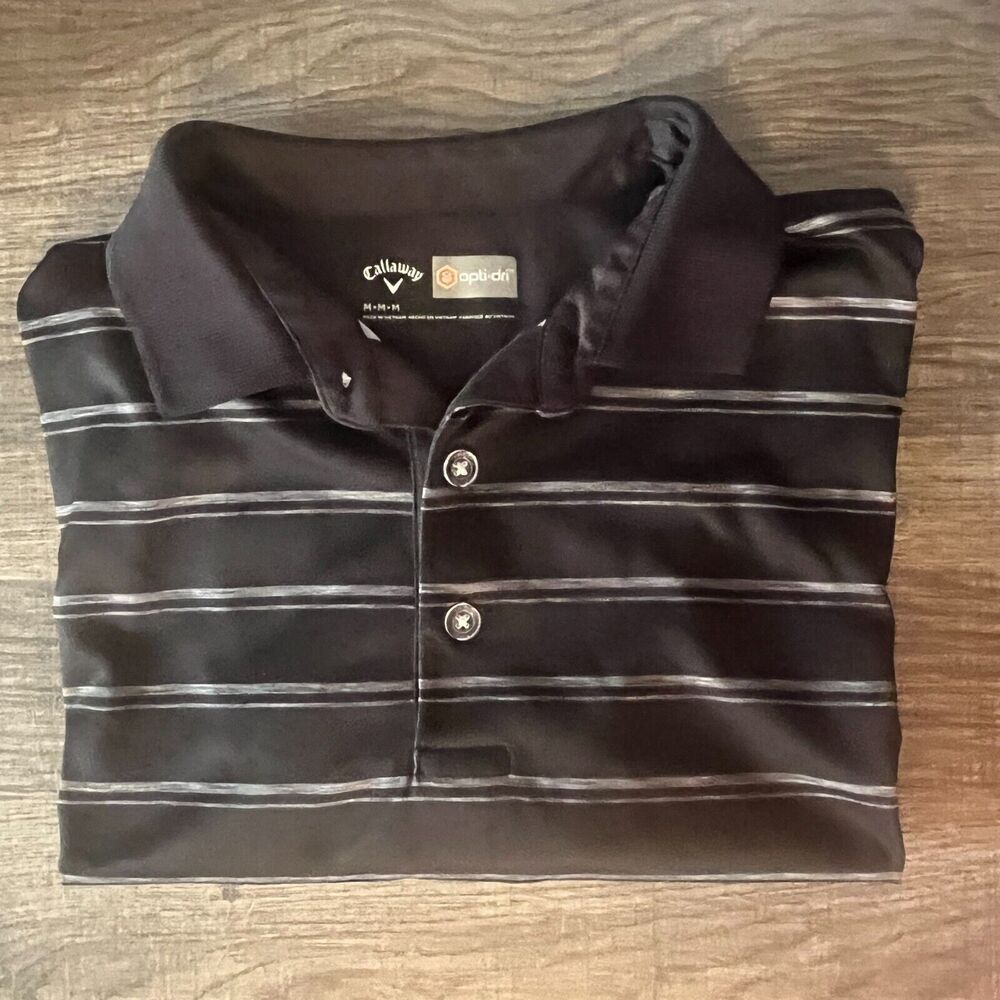 Callaway Mens Opti-Dri Golf Polo Shirt Black Grey Striped Performance Size M